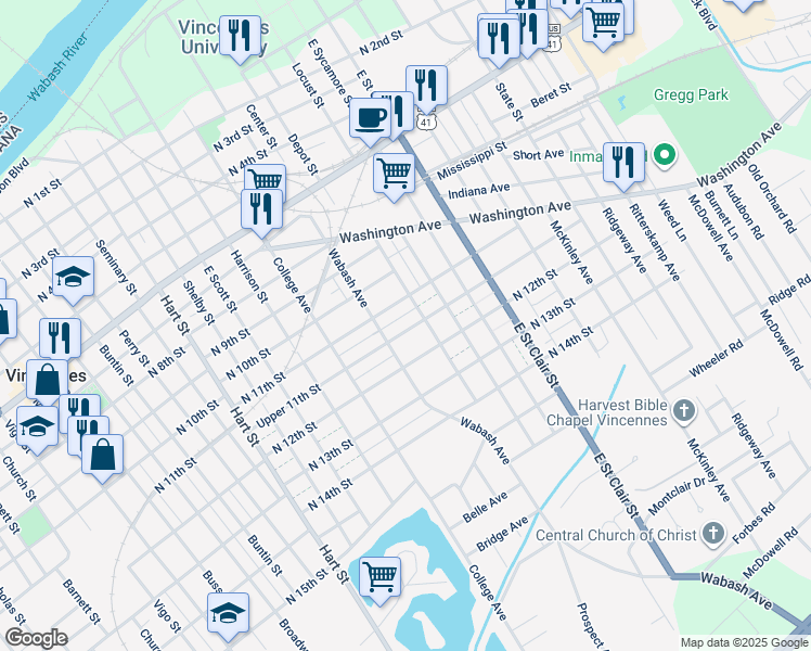 map of restaurants, bars, coffee shops, grocery stores, and more near 1224 North in Vincennes