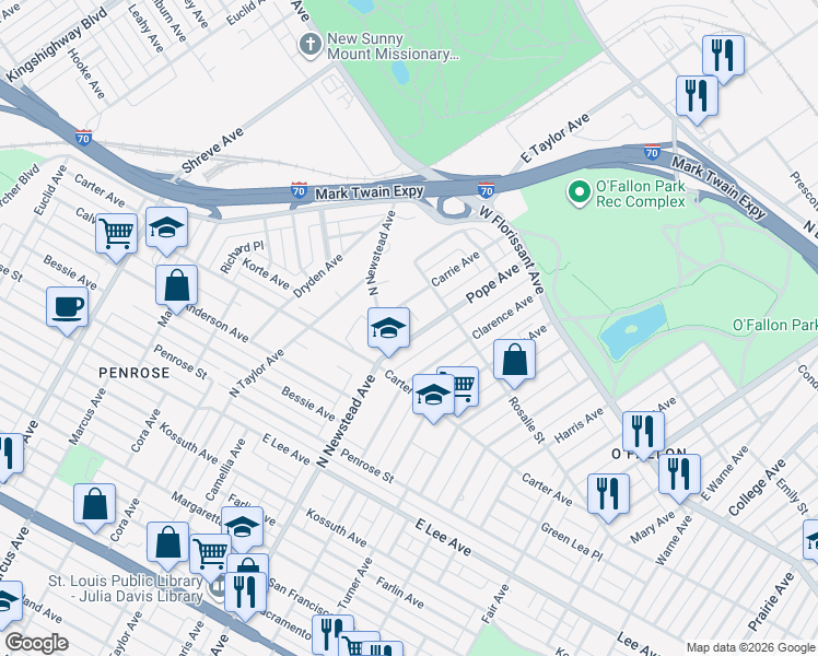 map of restaurants, bars, coffee shops, grocery stores, and more near 4524 Carrie Avenue in St. Louis