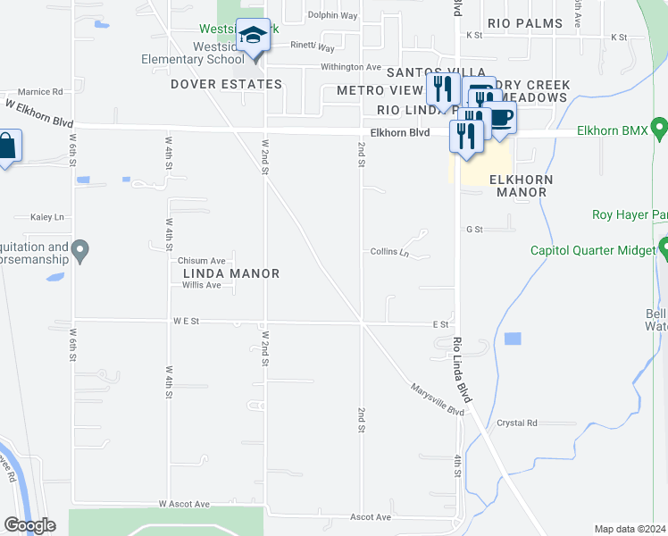 map of restaurants, bars, coffee shops, grocery stores, and more near 6078 Marysville Boulevard in Rio Linda
