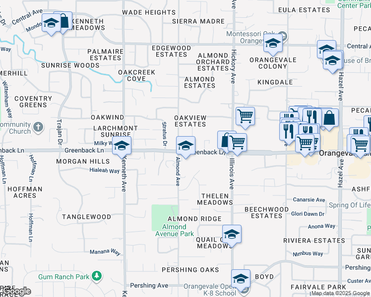 map of restaurants, bars, coffee shops, grocery stores, and more near 8611 Greenback Ln in Orangevale