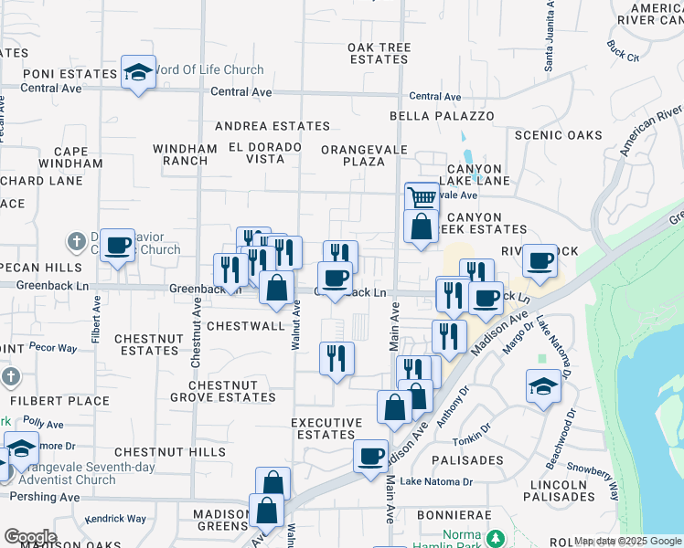 map of restaurants, bars, coffee shops, grocery stores, and more near 9357 Greenback Lane in Orangevale