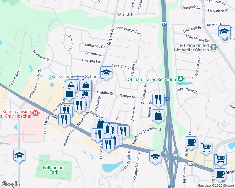 map of restaurants, bars, coffee shops, grocery stores, and more near 12325 Tempo Drive in St. Louis