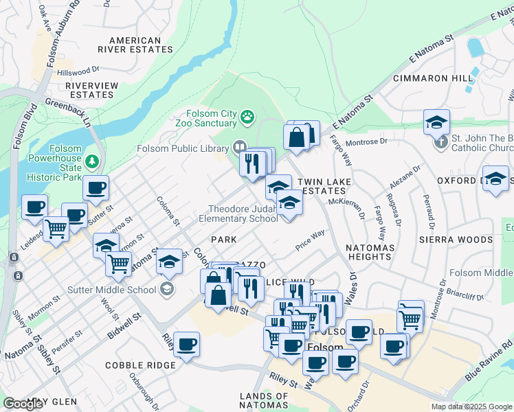 map of restaurants, bars, coffee shops, grocery stores, and more near 101 Persifer Street in Folsom