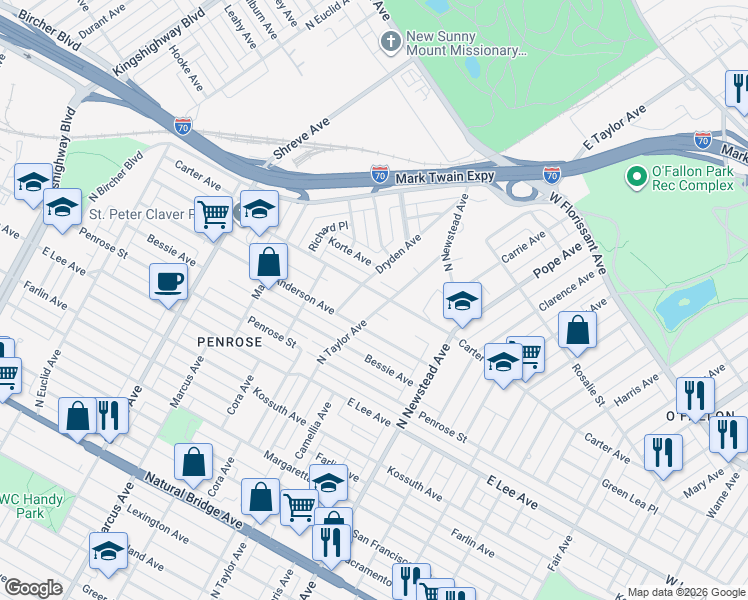 map of restaurants, bars, coffee shops, grocery stores, and more near 4508 Carter Avenue in St. Louis