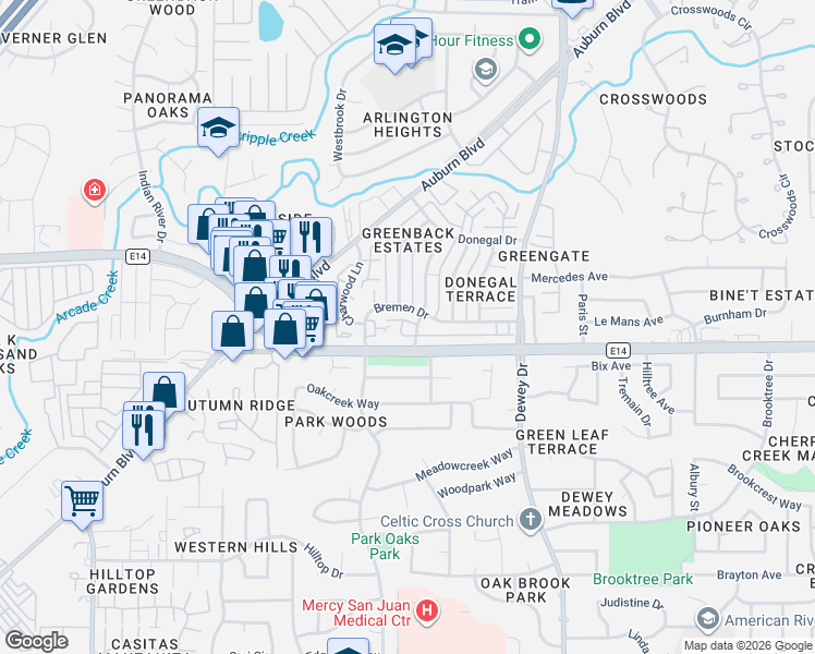 map of restaurants, bars, coffee shops, grocery stores, and more near 6209 Longford Drive in Citrus Heights