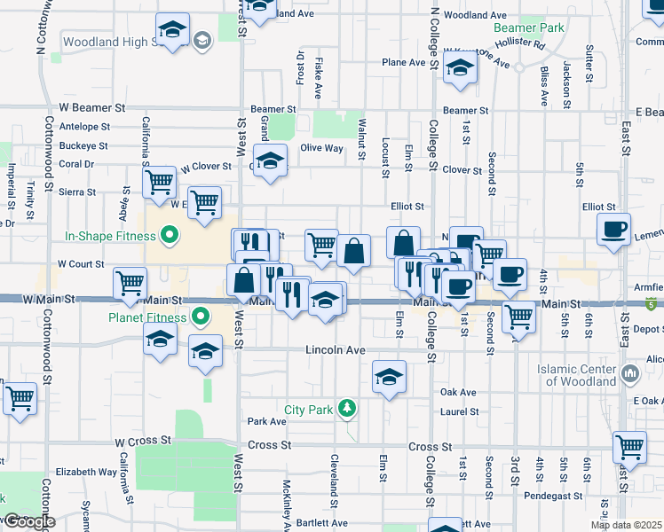 map of restaurants, bars, coffee shops, grocery stores, and more near 725 Court Street in Woodland
