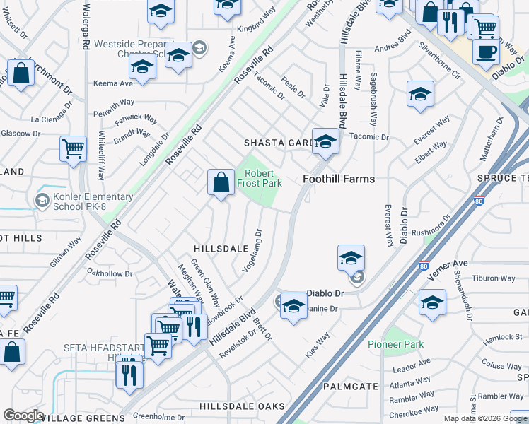 map of restaurants, bars, coffee shops, grocery stores, and more near 4742 Robert Frost Way in Sacramento
