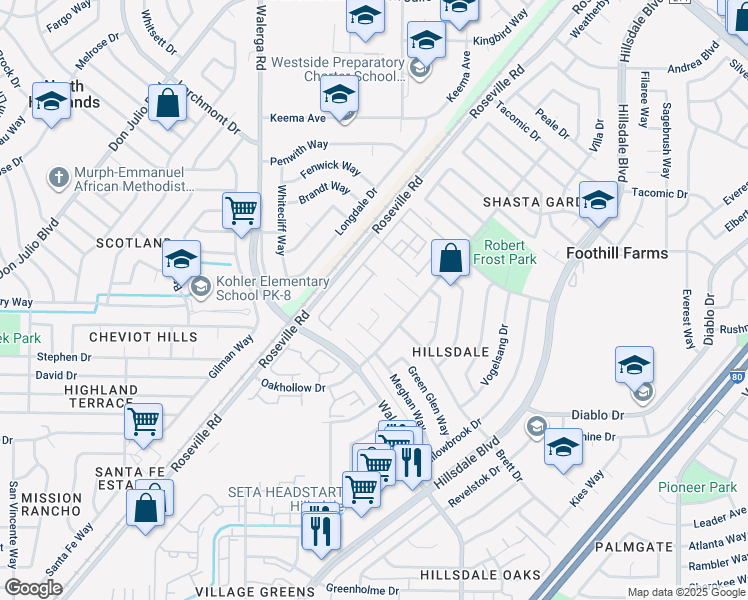 map of restaurants, bars, coffee shops, grocery stores, and more near 4628 Willowward Circle in Sacramento