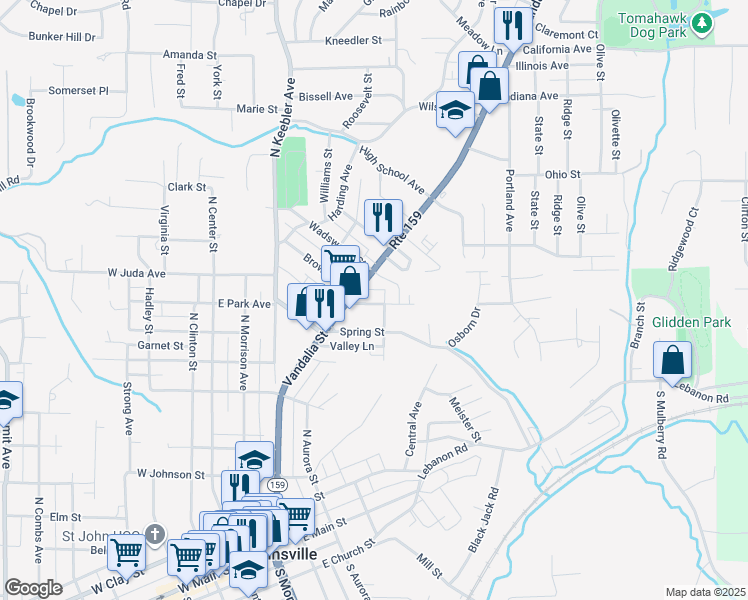 map of restaurants, bars, coffee shops, grocery stores, and more near 521 Autumn Avenue in Collinsville