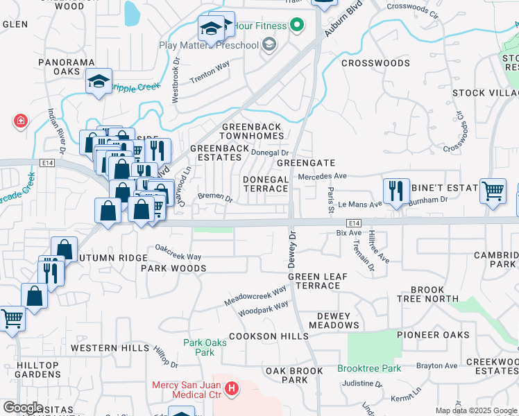 map of restaurants, bars, coffee shops, grocery stores, and more near 6518 Bremen Drive in Citrus Heights