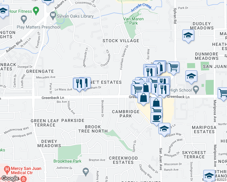 map of restaurants, bars, coffee shops, grocery stores, and more near 7111 Greenback Lane in Citrus Heights