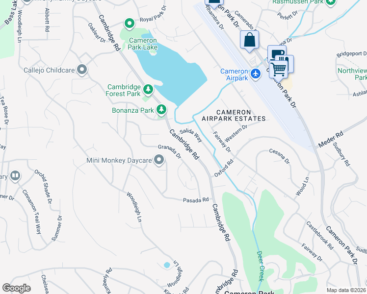 map of restaurants, bars, coffee shops, grocery stores, and more near 3218 Cambridge Road in Cameron Park