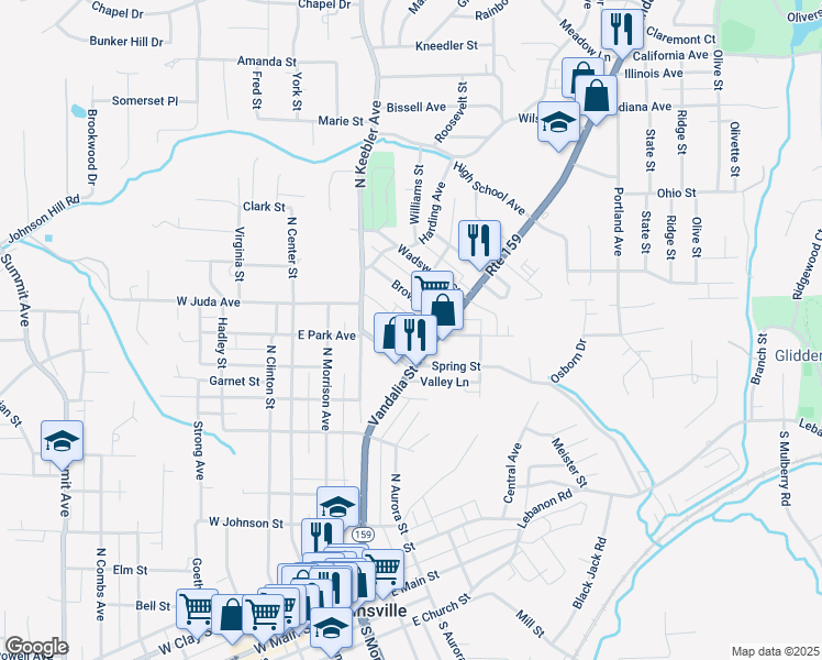 map of restaurants, bars, coffee shops, grocery stores, and more near 717 Vandalia Street in Collinsville