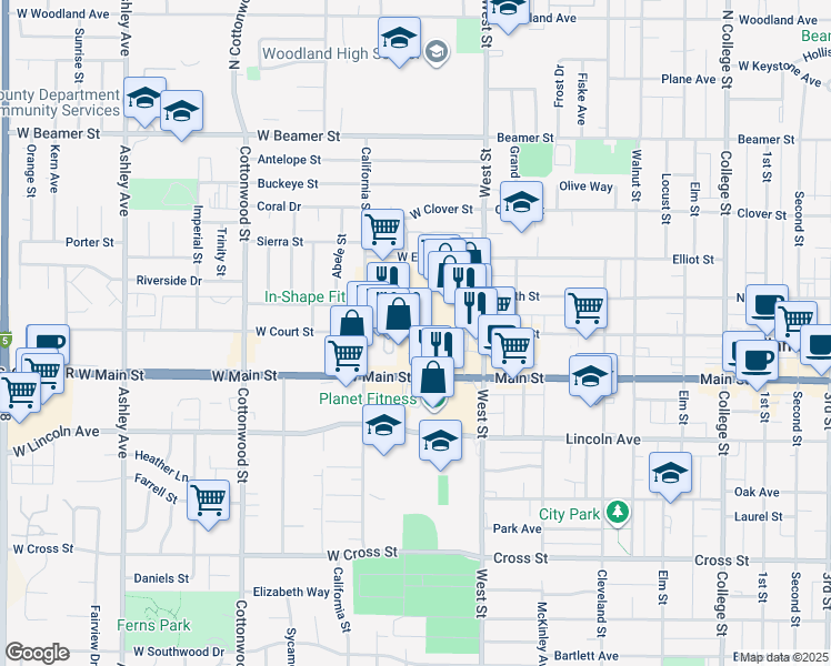 map of restaurants, bars, coffee shops, grocery stores, and more near 62 West Court Street in Woodland