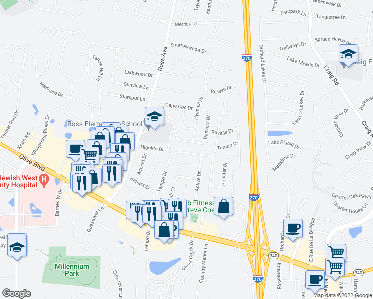 map of restaurants, bars, coffee shops, grocery stores, and more near 12325 Tempo Drive in St. Louis