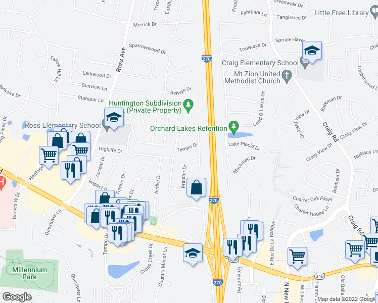 map of restaurants, bars, coffee shops, grocery stores, and more near 12220 Tempo Drive in St. Louis