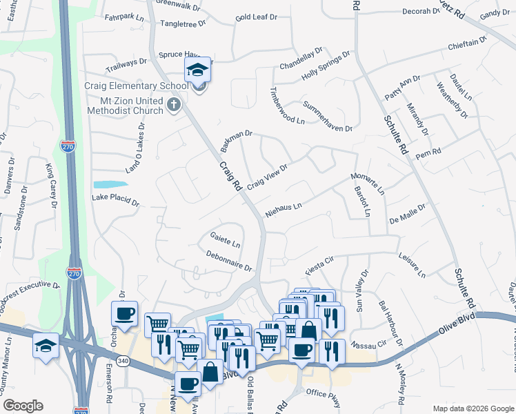 map of restaurants, bars, coffee shops, grocery stores, and more near 11816 Craig Manor Drive in St. Louis