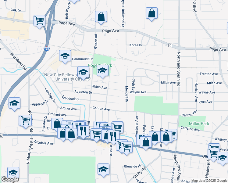 map of restaurants, bars, coffee shops, grocery stores, and more near 8024 Milan Avenue in University City