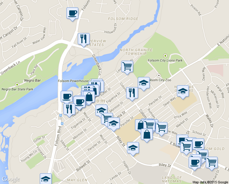 map of restaurants, bars, coffee shops, grocery stores, and more near 307 Bridge Street in Folsom