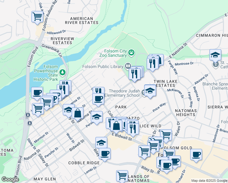 map of restaurants, bars, coffee shops, grocery stores, and more near 210 Natoma Street in Folsom