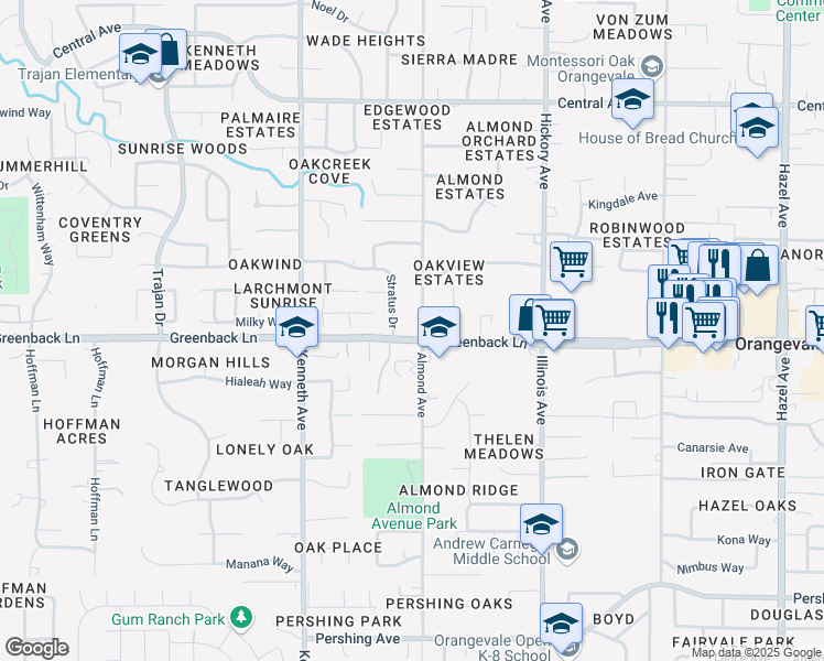 map of restaurants, bars, coffee shops, grocery stores, and more near 8637 Stratus Drive in Orangevale