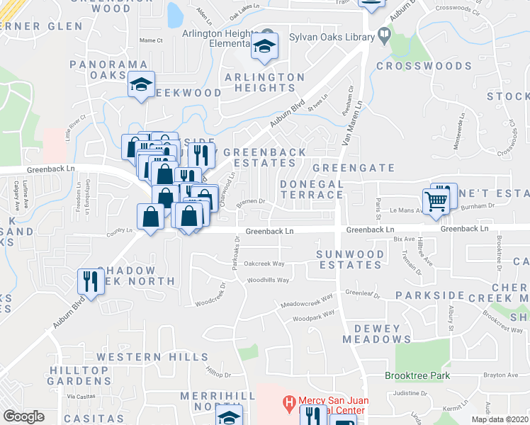 map of restaurants, bars, coffee shops, grocery stores, and more near 6209 Longford Drive in Citrus Heights