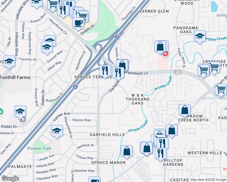 map of restaurants, bars, coffee shops, grocery stores, and more near 5528 Millhouse Place in Sacramento