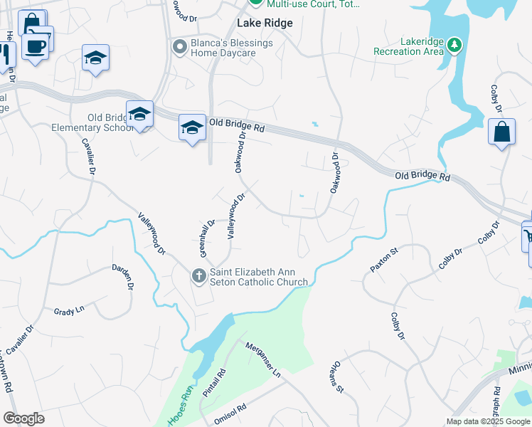 map of restaurants, bars, coffee shops, grocery stores, and more near 12610 Oakwood Drive in Woodbridge
