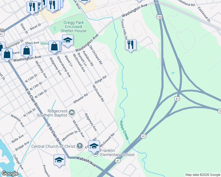 map of restaurants, bars, coffee shops, grocery stores, and more near 98 Fairway Drive in Vincennes