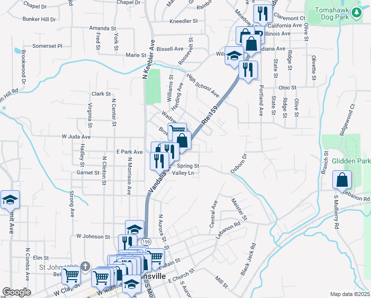 map of restaurants, bars, coffee shops, grocery stores, and more near 521 Autumn Avenue in Collinsville