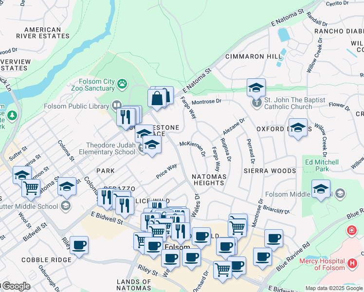 map of restaurants, bars, coffee shops, grocery stores, and more near 144 McKiernan Drive in Folsom