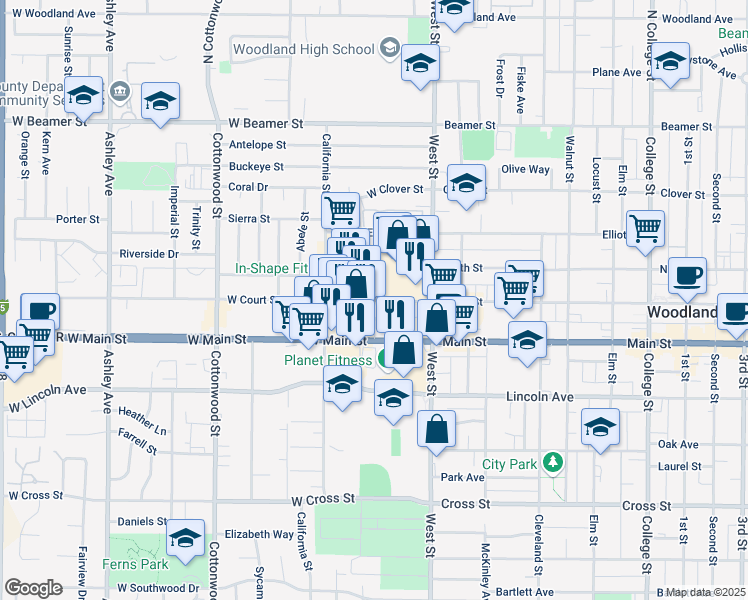 map of restaurants, bars, coffee shops, grocery stores, and more near 58 West Court Street in Woodland