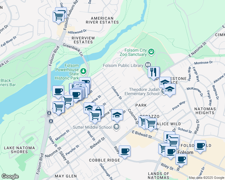map of restaurants, bars, coffee shops, grocery stores, and more near 401 Figueroa Street in Folsom