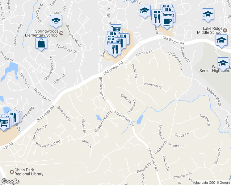 map of restaurants, bars, coffee shops, grocery stores, and more near 3564 Eskew Court in Woodbridge