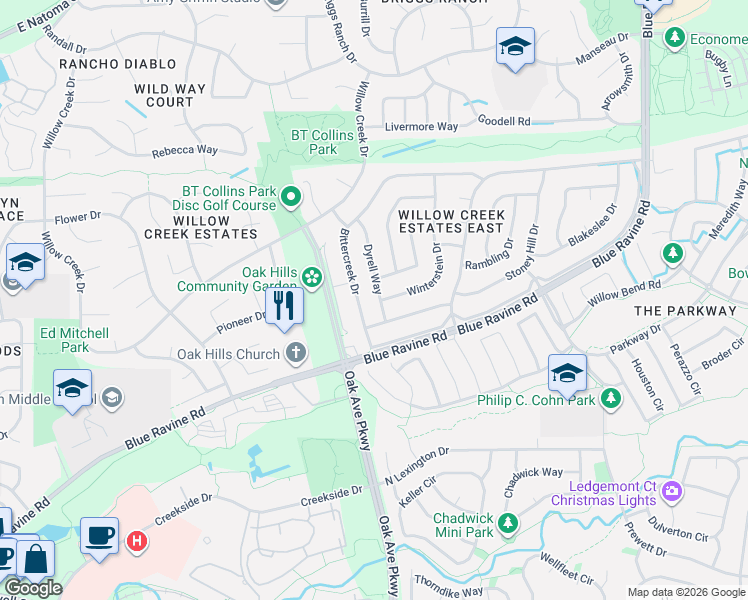 map of restaurants, bars, coffee shops, grocery stores, and more near 106 Dyrell Way in Folsom