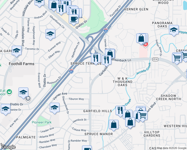 map of restaurants, bars, coffee shops, grocery stores, and more near 6218 Spruce Avenue in Sacramento