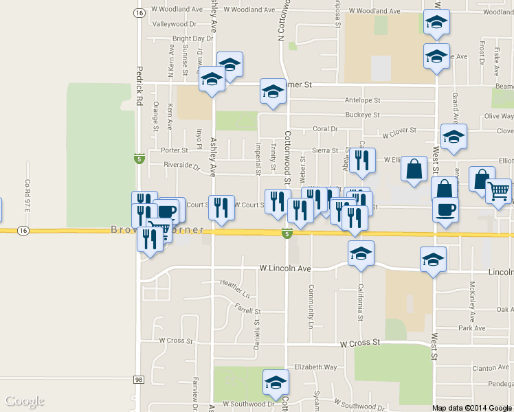 map of restaurants, bars, coffee shops, grocery stores, and more near 255 West Court Street in Woodland