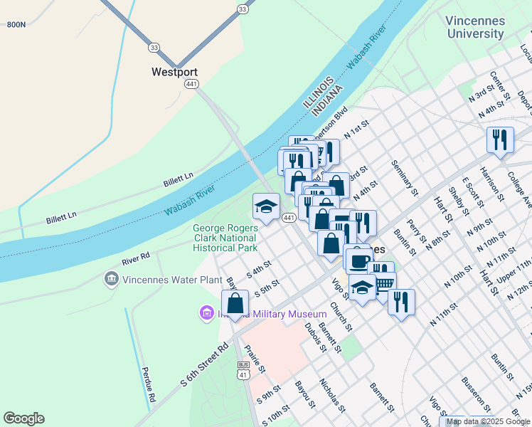 map of restaurants, bars, coffee shops, grocery stores, and more near 205 Church Street in Vincennes