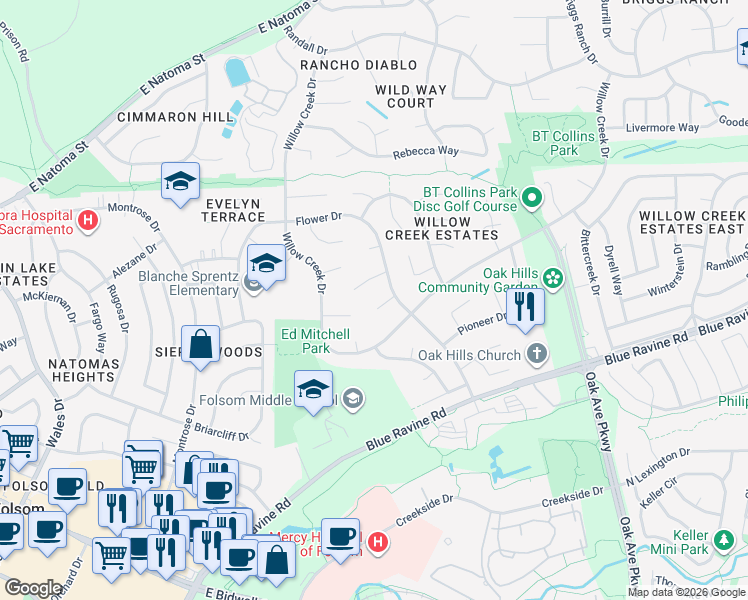 map of restaurants, bars, coffee shops, grocery stores, and more near 108 Wilson Court in Folsom