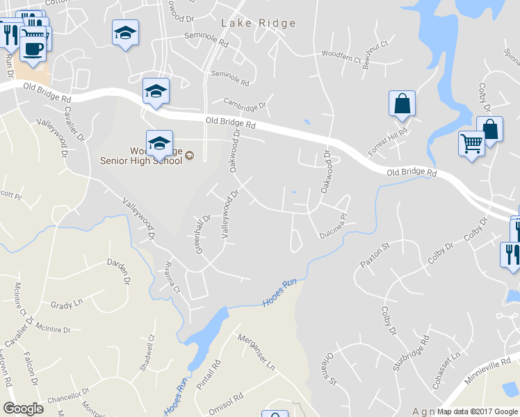 map of restaurants, bars, coffee shops, grocery stores, and more near 12610 Oakwood Drive in Woodbridge