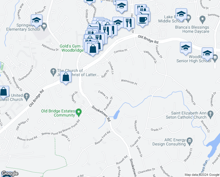 map of restaurants, bars, coffee shops, grocery stores, and more near 12719 Purdham Drive in Woodbridge