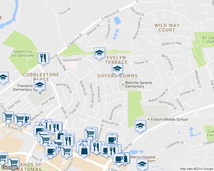map of restaurants, bars, coffee shops, grocery stores, and more near 245 Montrose Drive in Folsom