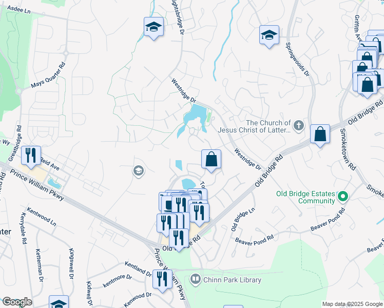map of restaurants, bars, coffee shops, grocery stores, and more near 12761 Quarterhorse Lane in Woodbridge