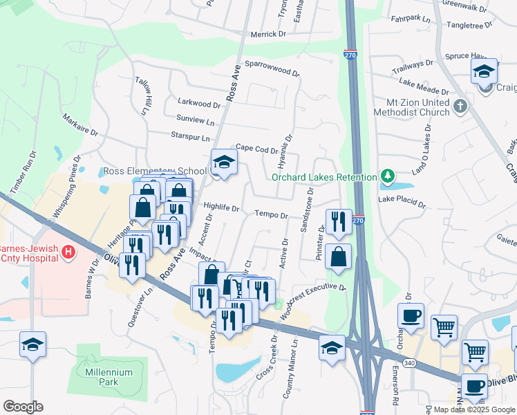 map of restaurants, bars, coffee shops, grocery stores, and more near 12325 Tempo Drive in Saint Louis