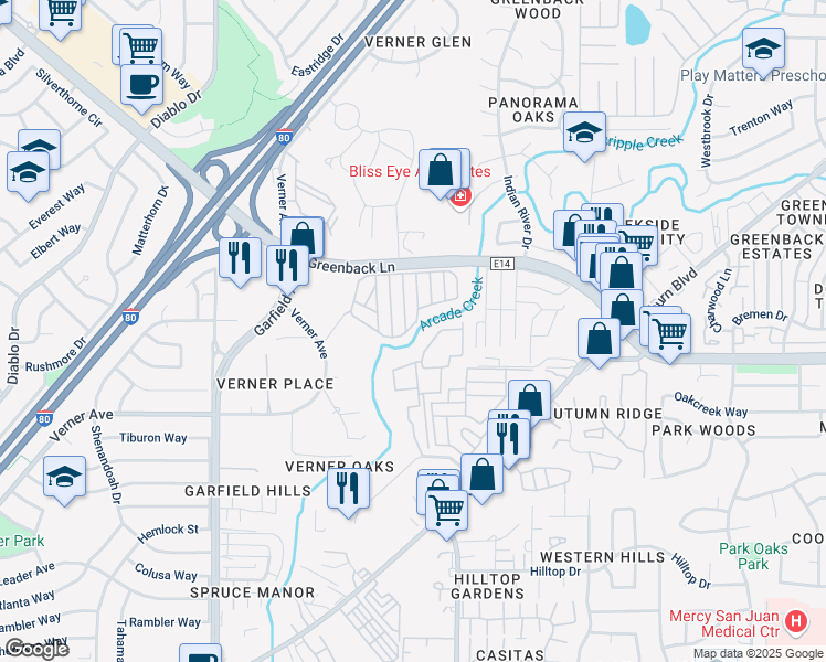 map of restaurants, bars, coffee shops, grocery stores, and more near 5746 Clearwater Drive in Sacramento