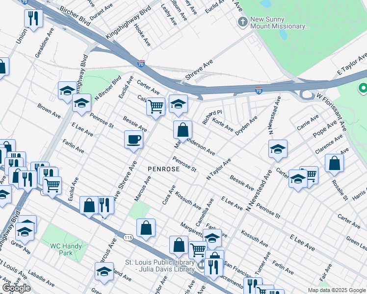 map of restaurants, bars, coffee shops, grocery stores, and more near in St. Louis