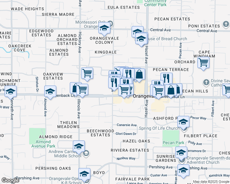 map of restaurants, bars, coffee shops, grocery stores, and more near 8801 A Greenback Lane in Orangevale