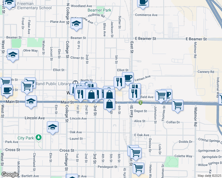 map of restaurants, bars, coffee shops, grocery stores, and more near 929 Court Street in Woodland