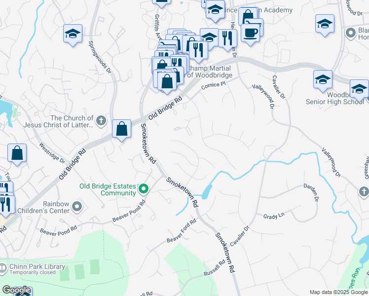 map of restaurants, bars, coffee shops, grocery stores, and more near 12706 Purdham Drive in Woodbridge
