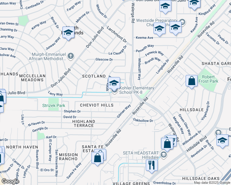 map of restaurants, bars, coffee shops, grocery stores, and more near 4004 Bruce Way in North Highlands